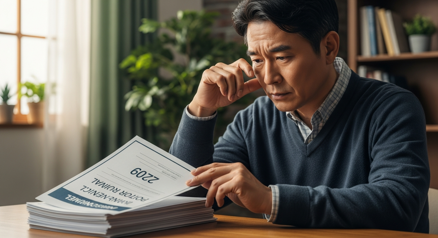2026년에 의료비 상승 통지서를 보며 고민하는 중년 한국인 모습