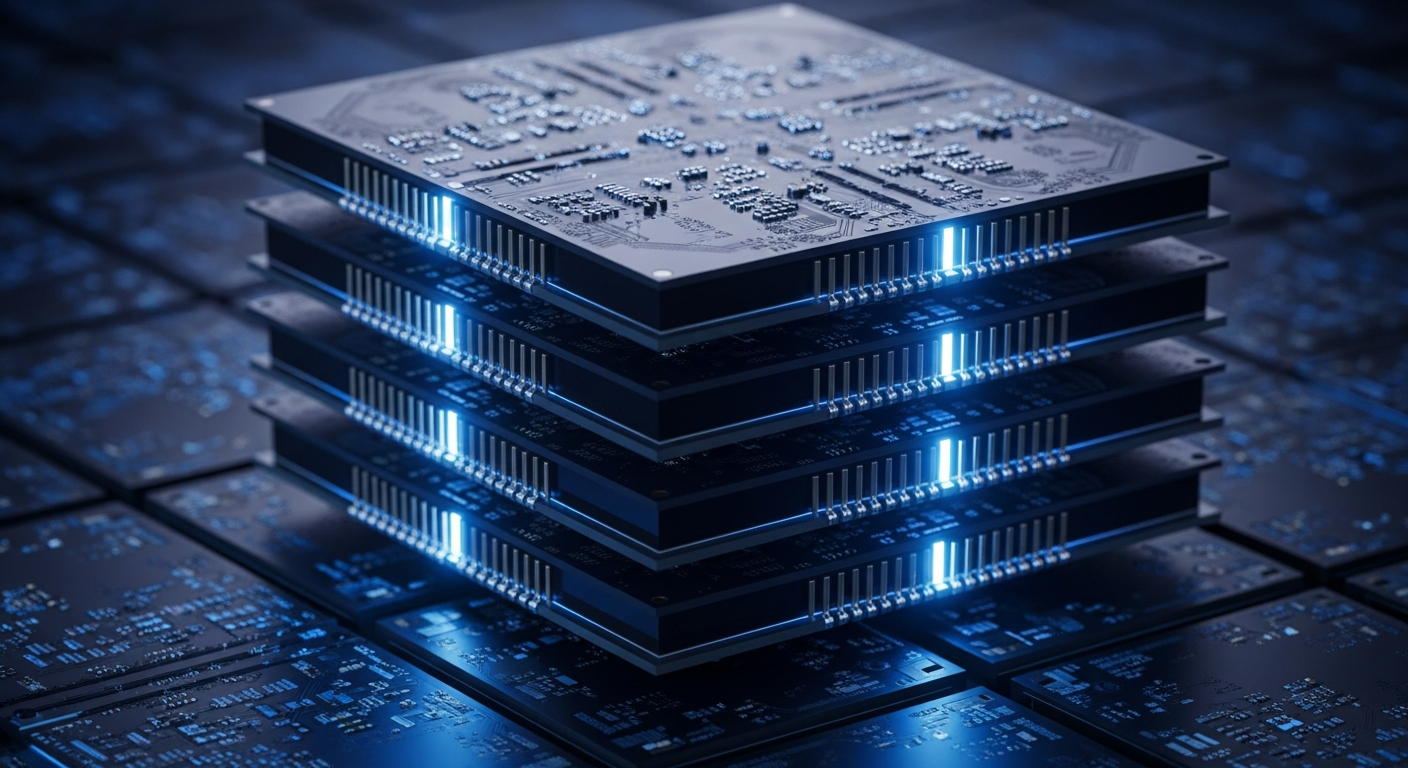 최신 AI 반도체 시장을 이끄는 첨단 HBM 메모리 칩의 클로즈업 이미지