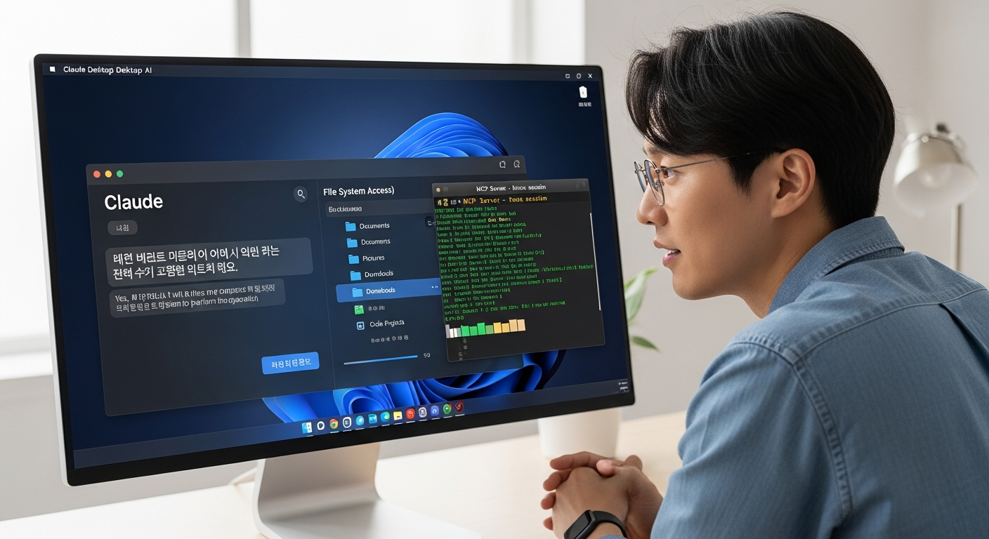 파일 시스템 접근 화면과 터미널에서 MCP 서버가 실행 중인 모습을 보며 Claude Desktop AI 애플리케이션과 상호작용하는 한국인 사용자