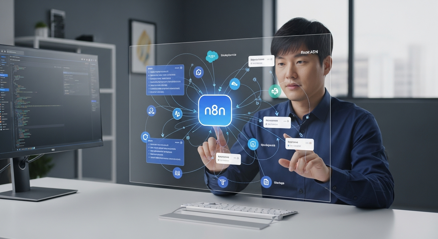 n8n API 연동의 강점을 보여주는 API 엔드포인트와 데이터 연결 화면 앞에서 작업하는 한국인 전문가의 모습