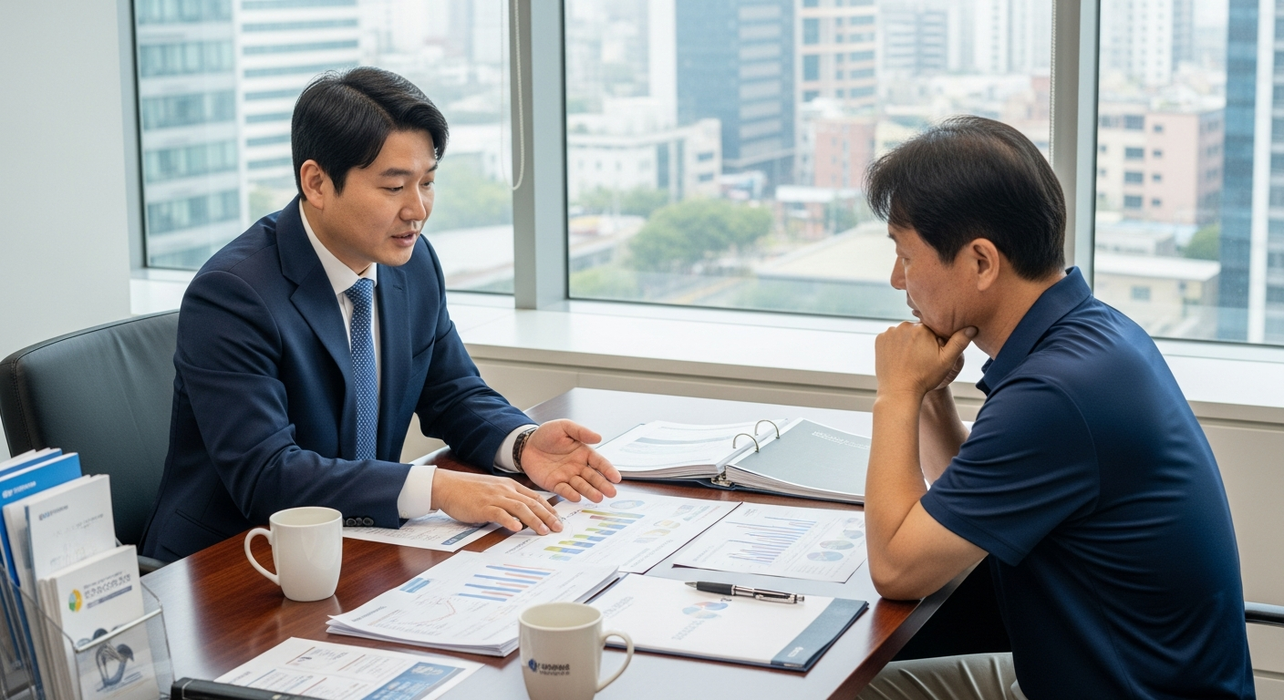 금융 전문가가 5060 세대에게 ISA 계좌 절세 혜택을 설명하는 장면