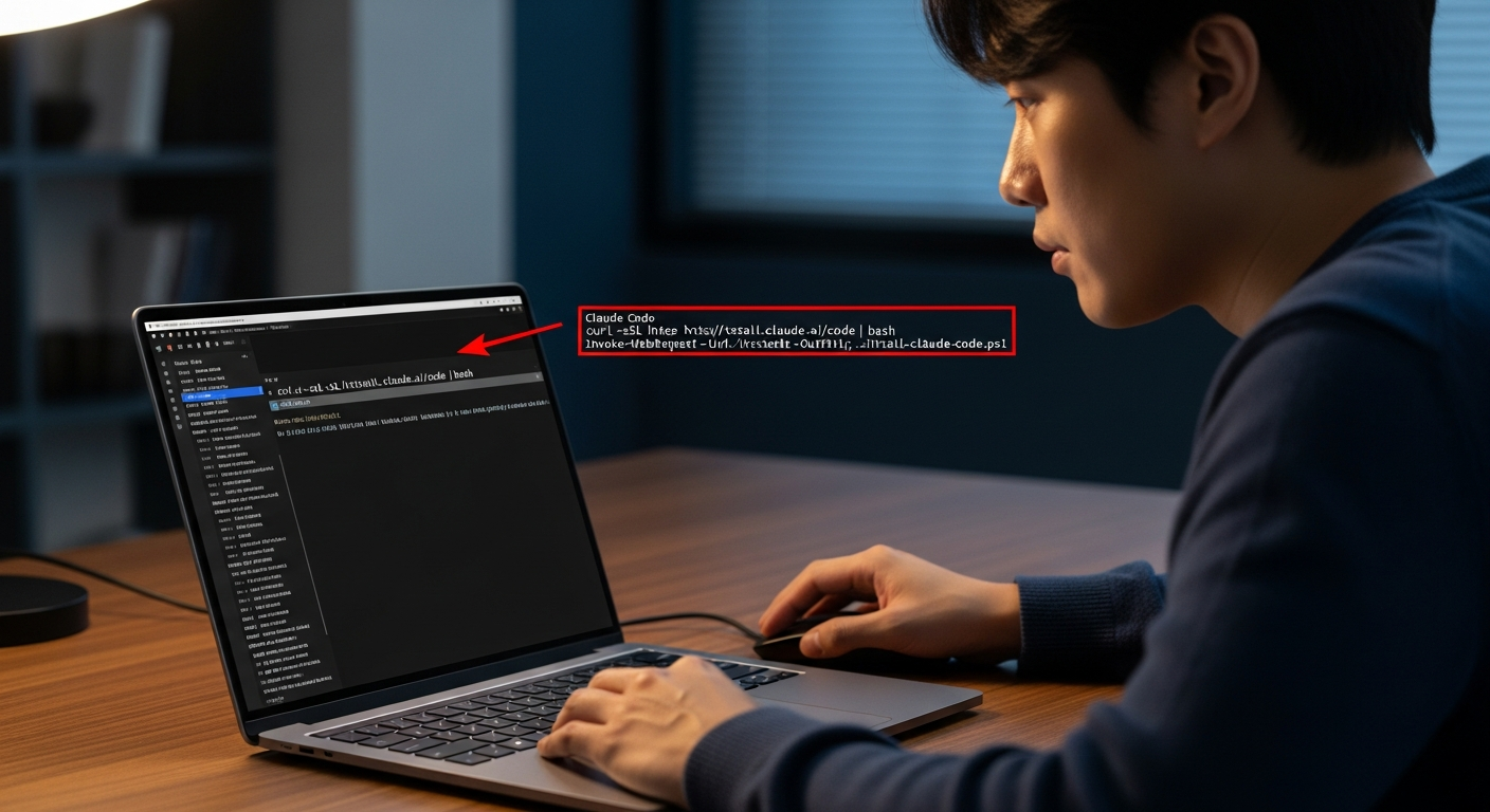 한국인 사용자가 MacBook 또는 윈도우 노트북에서 터미널을 이용해 클로드 코드 설치 명령어를 실행하는 모습