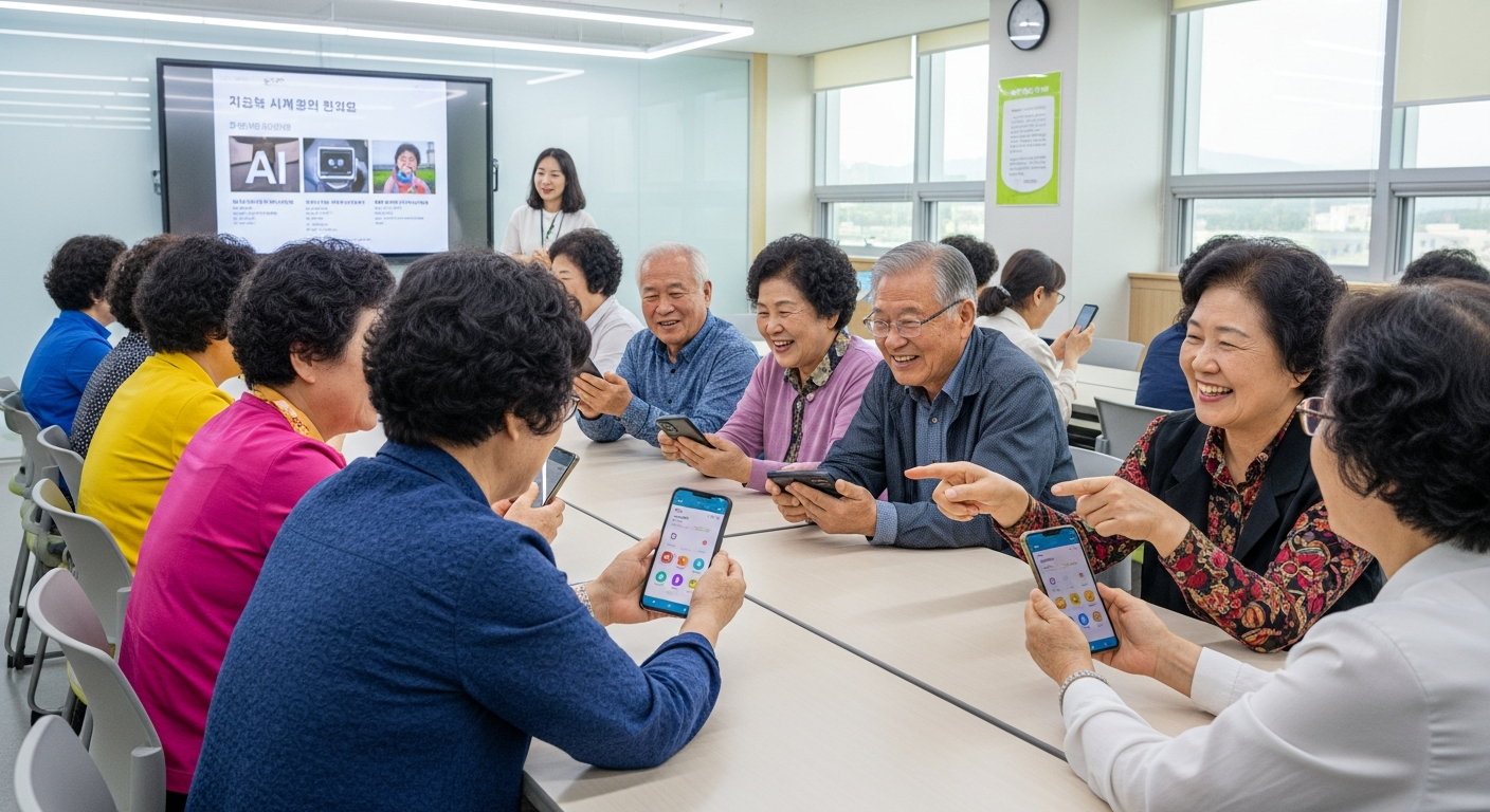 밝은 교실에서 웃으며 AI 스마트폰 교육을 받는 한국인 시니어 그룹의 모습