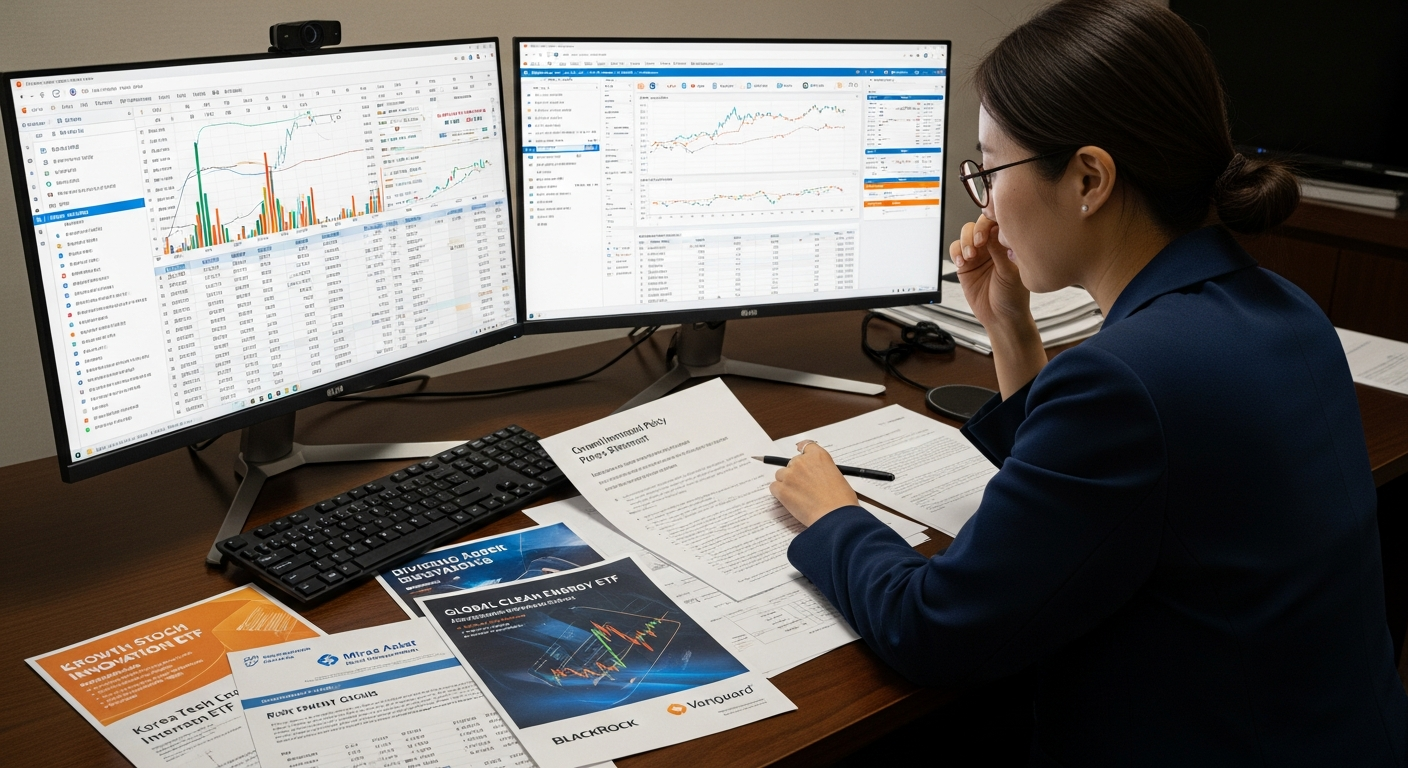 2026년 개인 투자자가 자신의 투자 목표와 위험 성향에 맞는 ETF 포트폴리오를 신중히 계획하는 모습