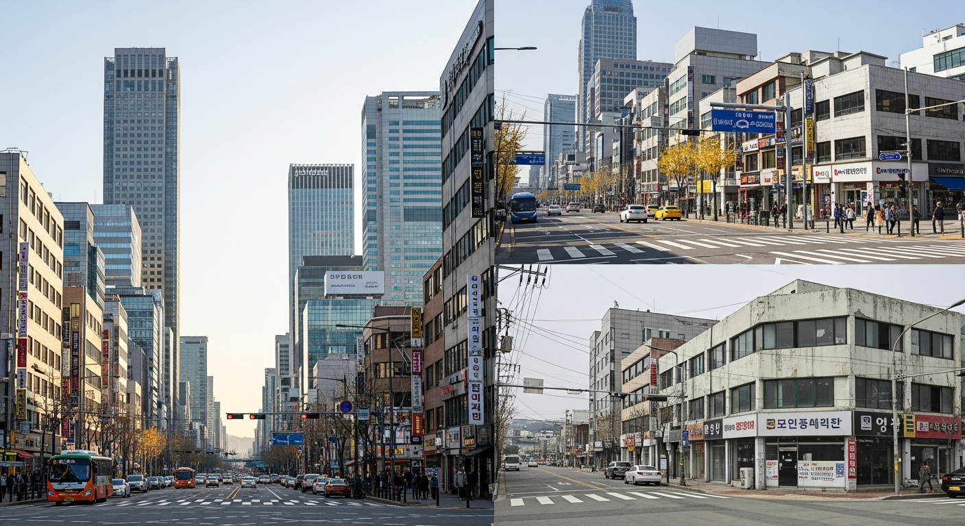 수도권 활기찬 도시와 인구 감소가 나타난 지방 소도시 대비 사진