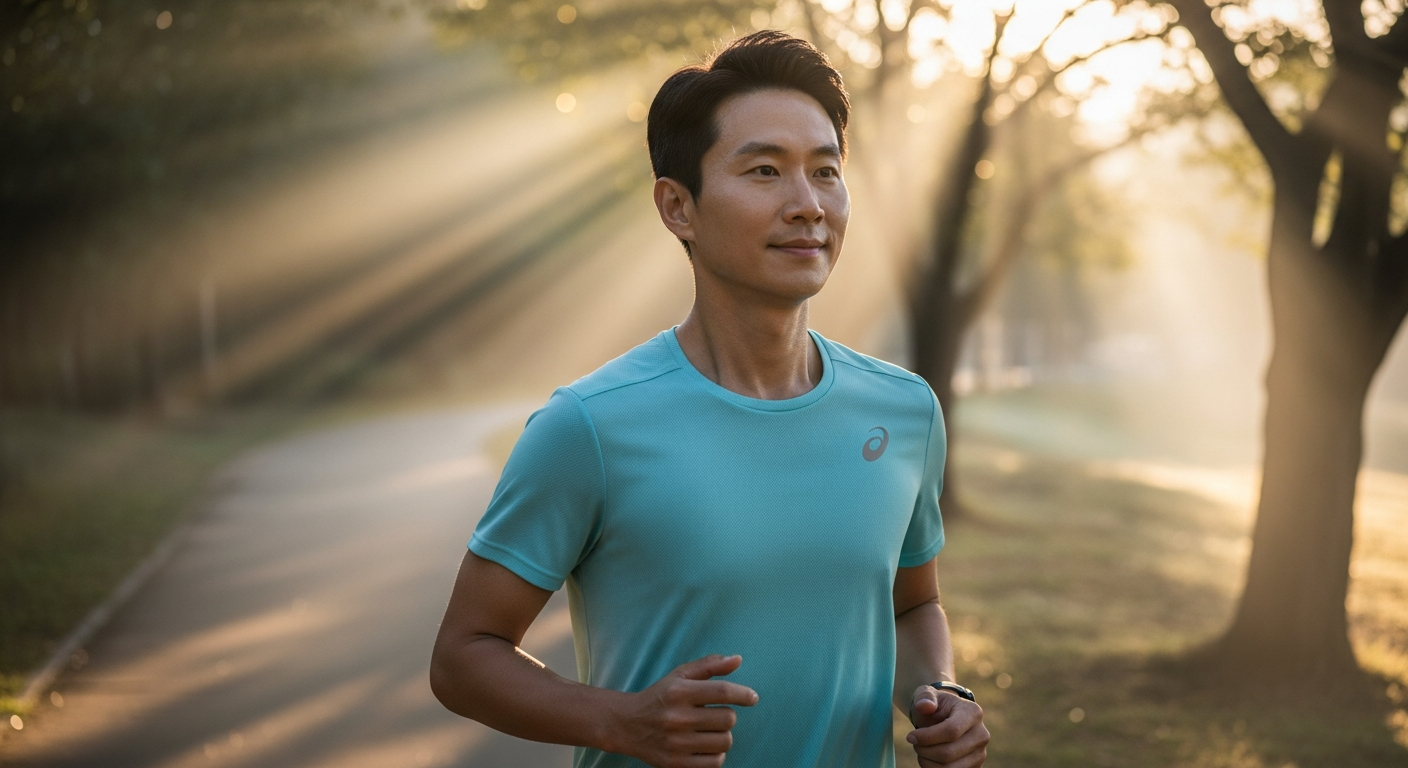 이른 아침 밝은 햇살 아래 야외에서 건강한 피부를 가진 한국인이 달리고 있는 모습