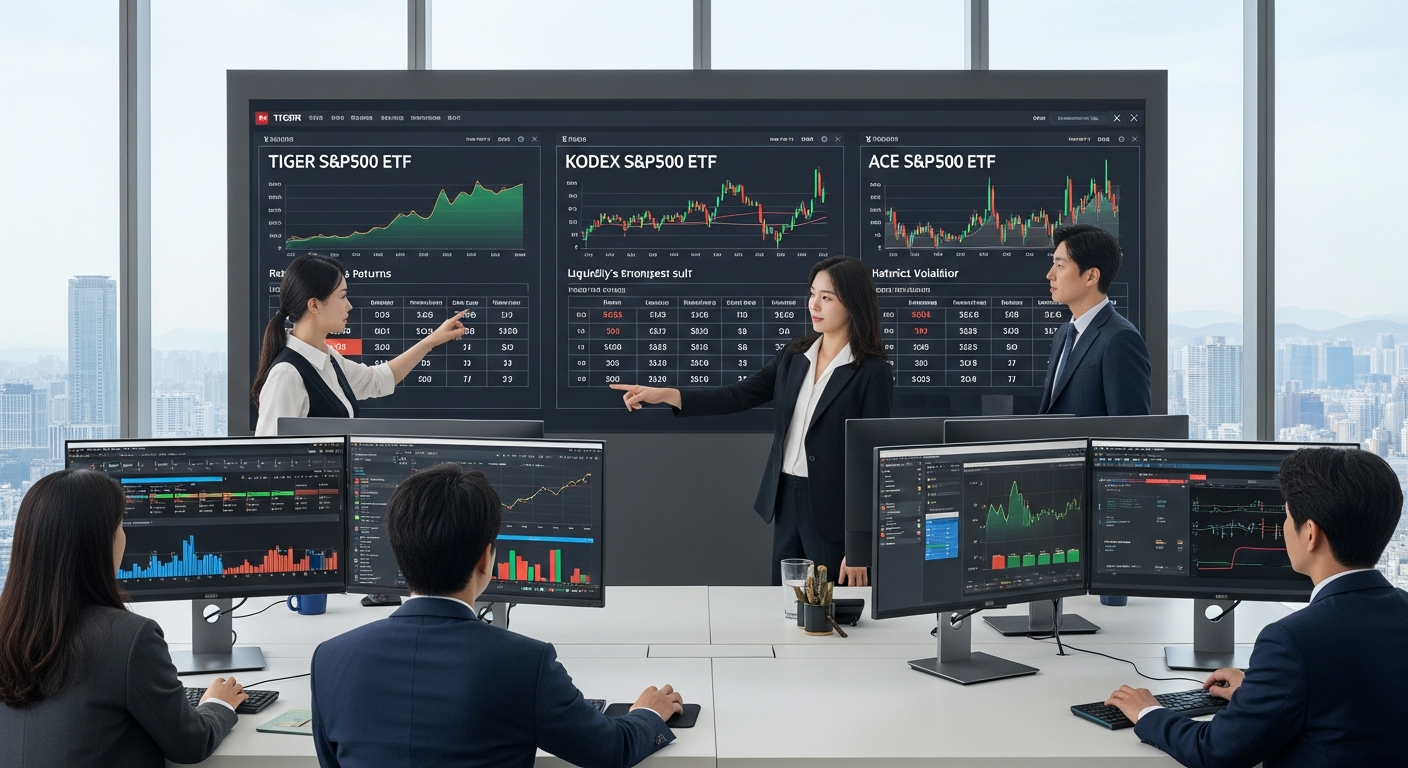 한국 투자 전문가들이 사무실에서 TIGER, KODEX, ACE의 S&P500 ETF 수익률과 비용, 유동성 데이터를 분석하는 모습