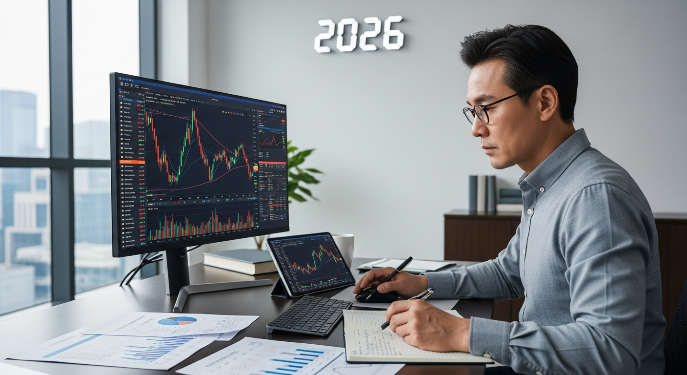2026년 대한민국 투자자가 현대적인 가정 사무실에서 ETF 투자 자료를 꼼꼼히 살펴보는 모습