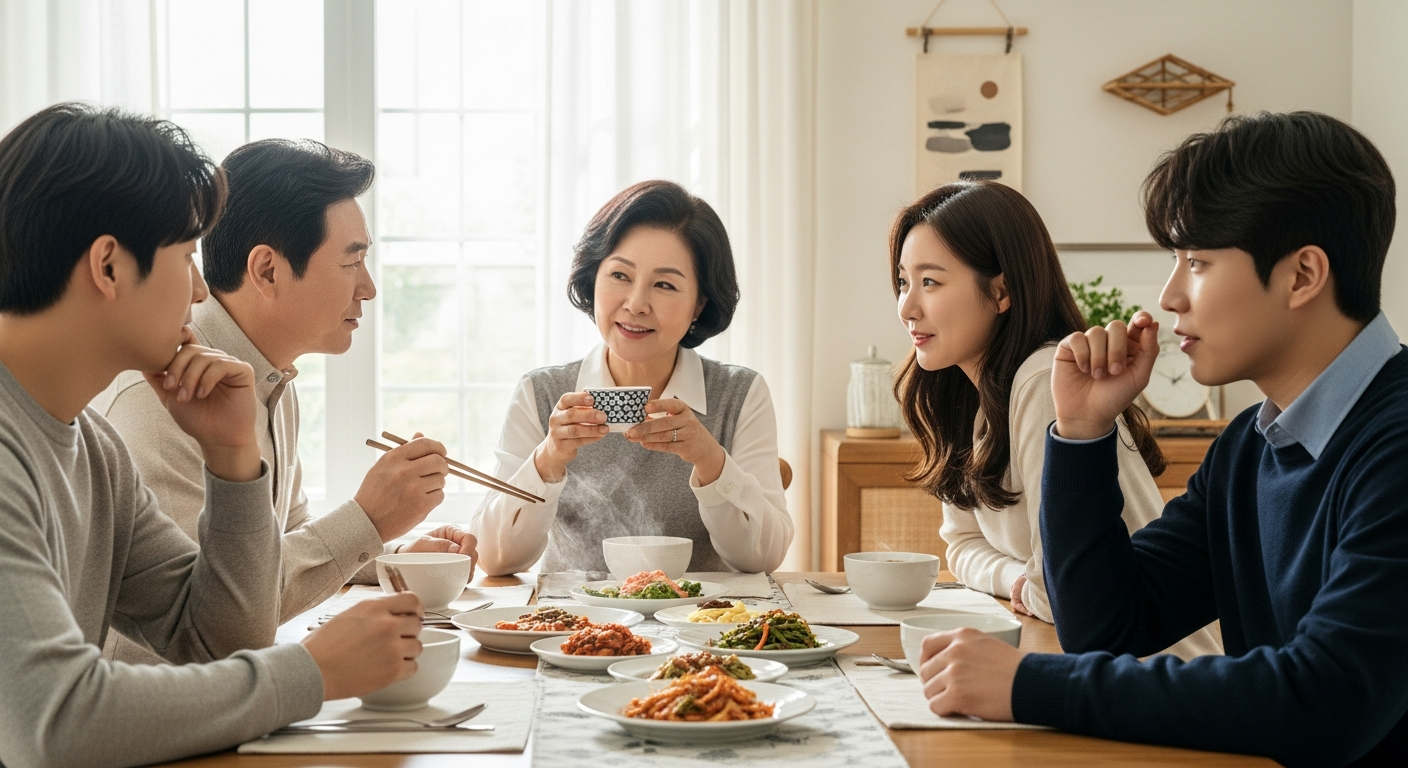 가족 암호를 정하며 안전을 다짐하는 한국 가족의 따뜻한 식사 시간 장면