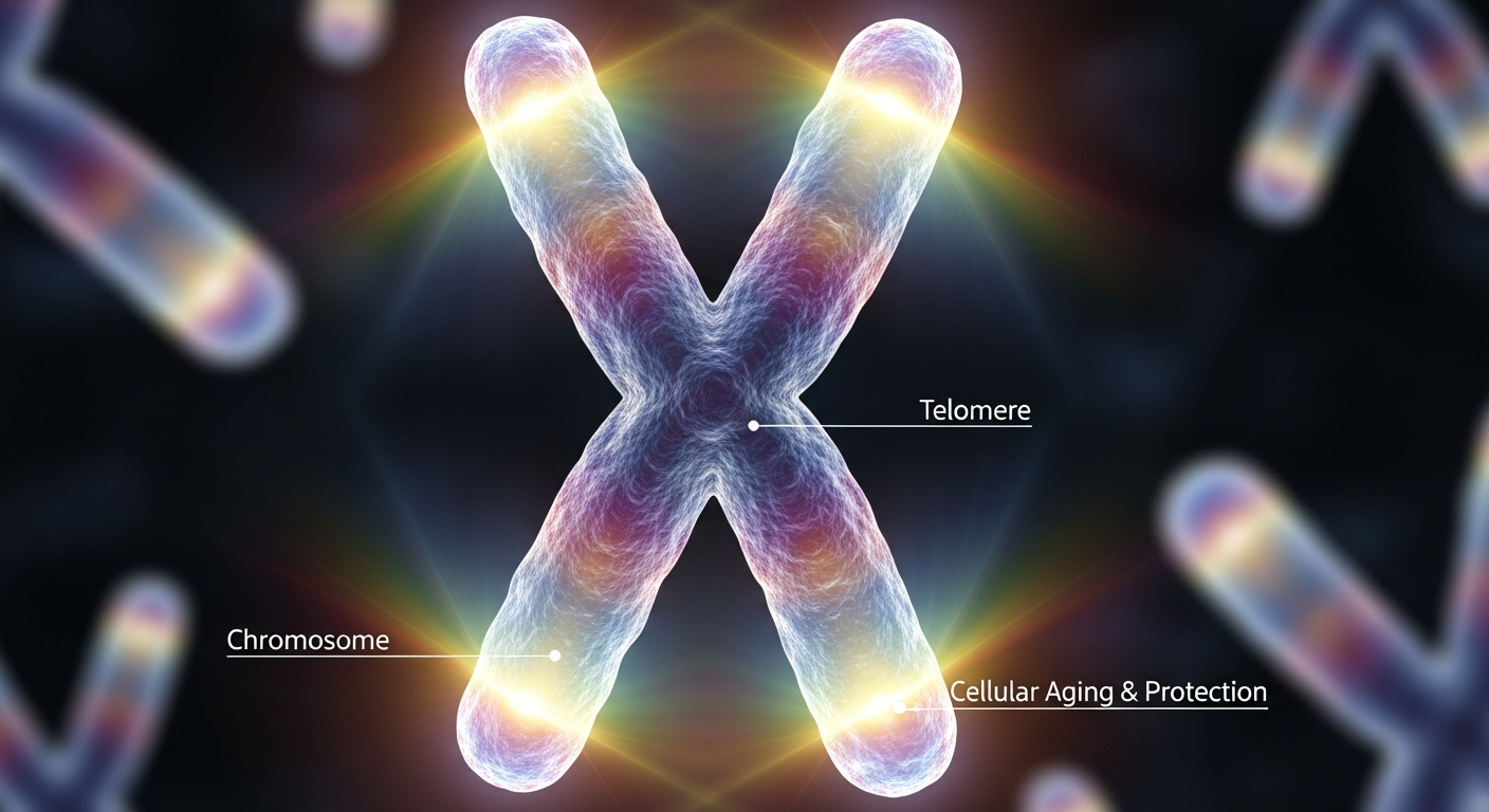 DNA 염색체 끝부분에 텔로미어가 빛나며 보호하는 모습을 실사 스타일로 표현한 과학적 개념 이미지