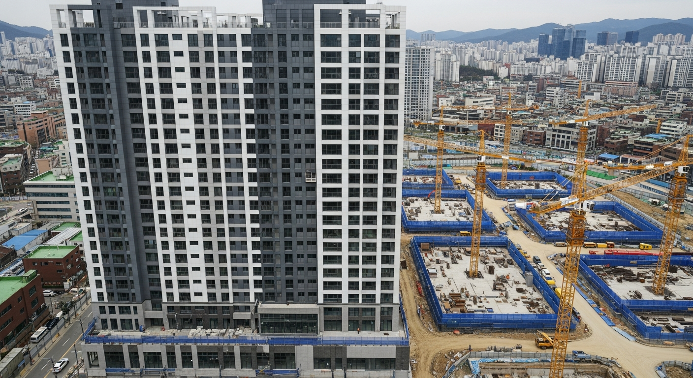 수도권 신축 아파트 공급 부족을 보여주는 서울 고층 아파트 단지와 저활동 건설 현장