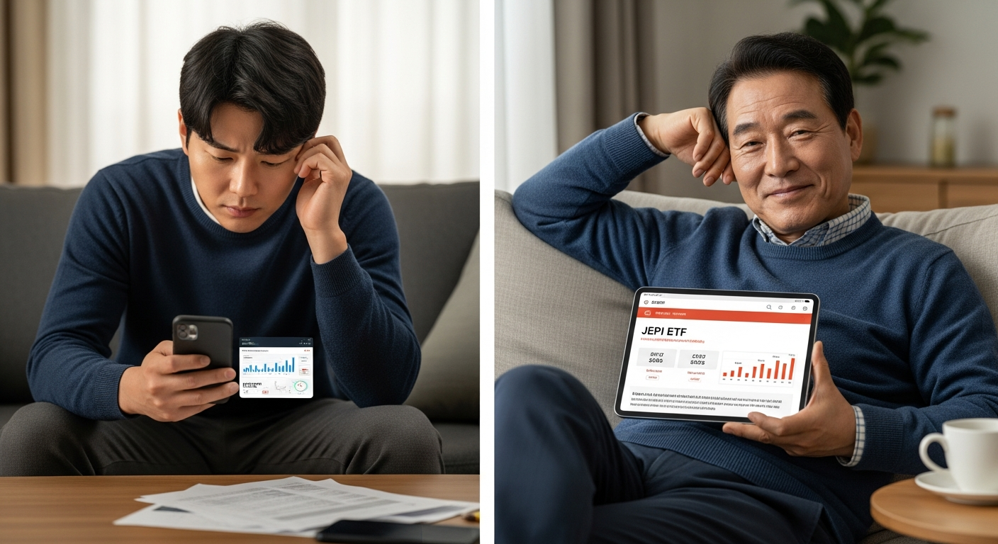 편안한 집에서 SCHD와 JEPI ETF를 공부하는 젊은 투자자와 나이 든 투자자 모습