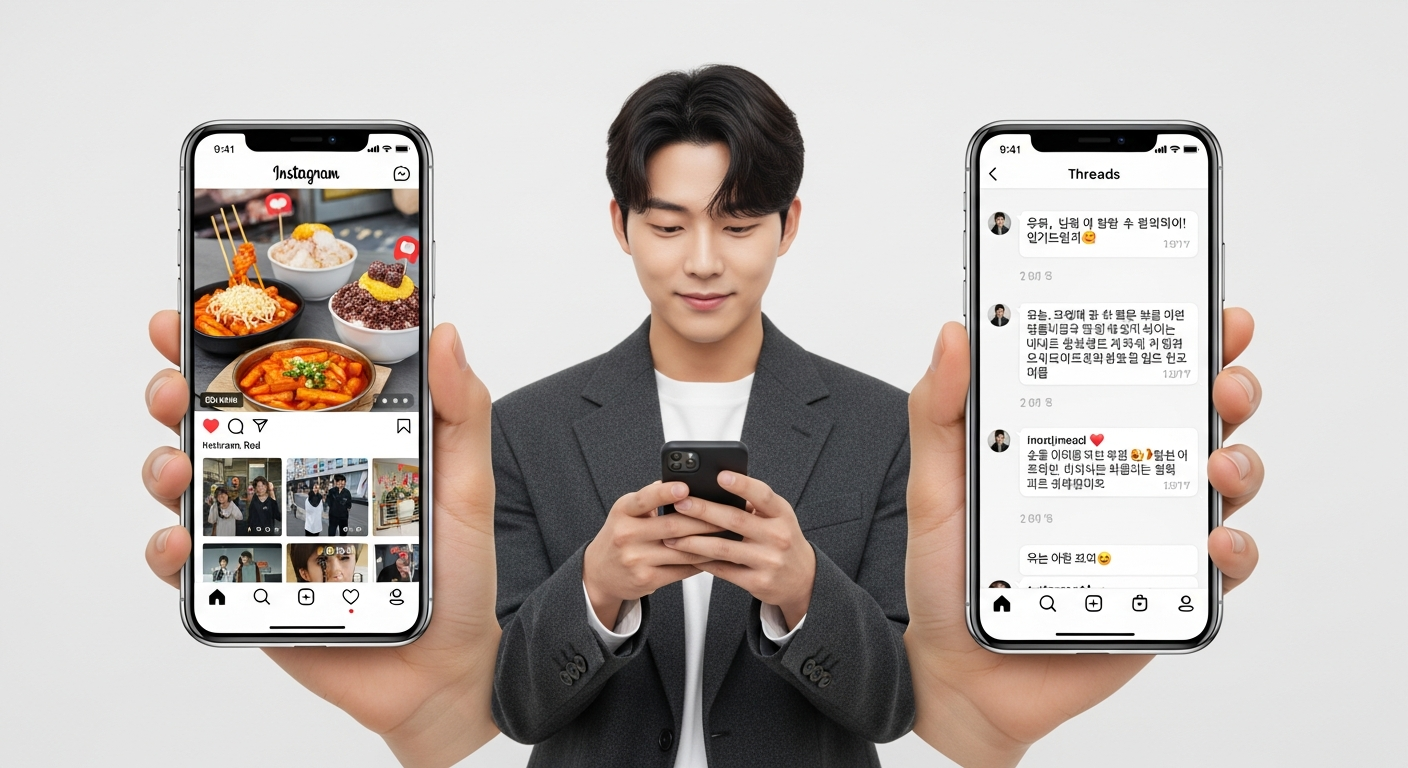 인스타그램과 스레드 두 플랫폼의 시너지 전략을 상징하는 한국인의 스마트폰 멀티태스킹 이미지