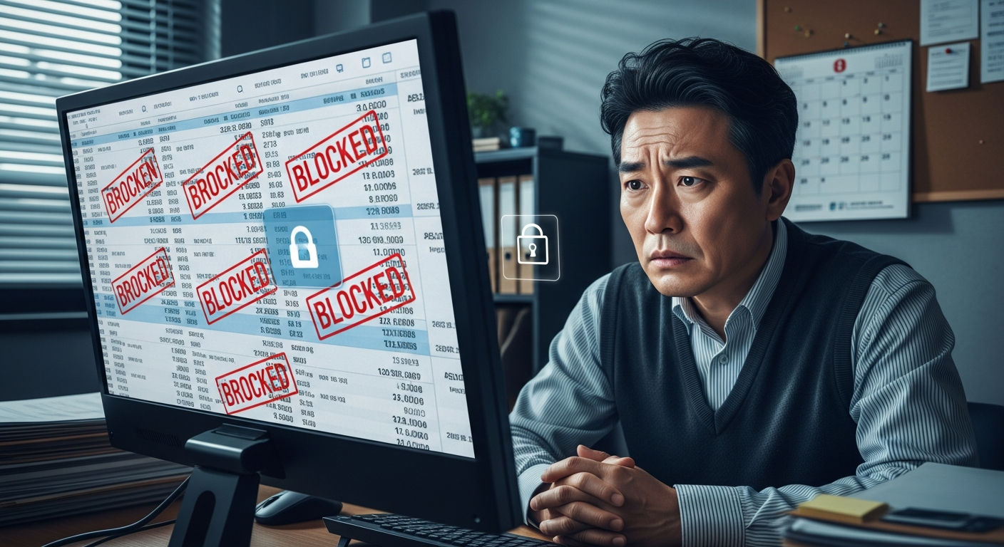 통장 묶기 사기로 인해 금융 거래가 정지된 자영업자의 걱정스러운 모습