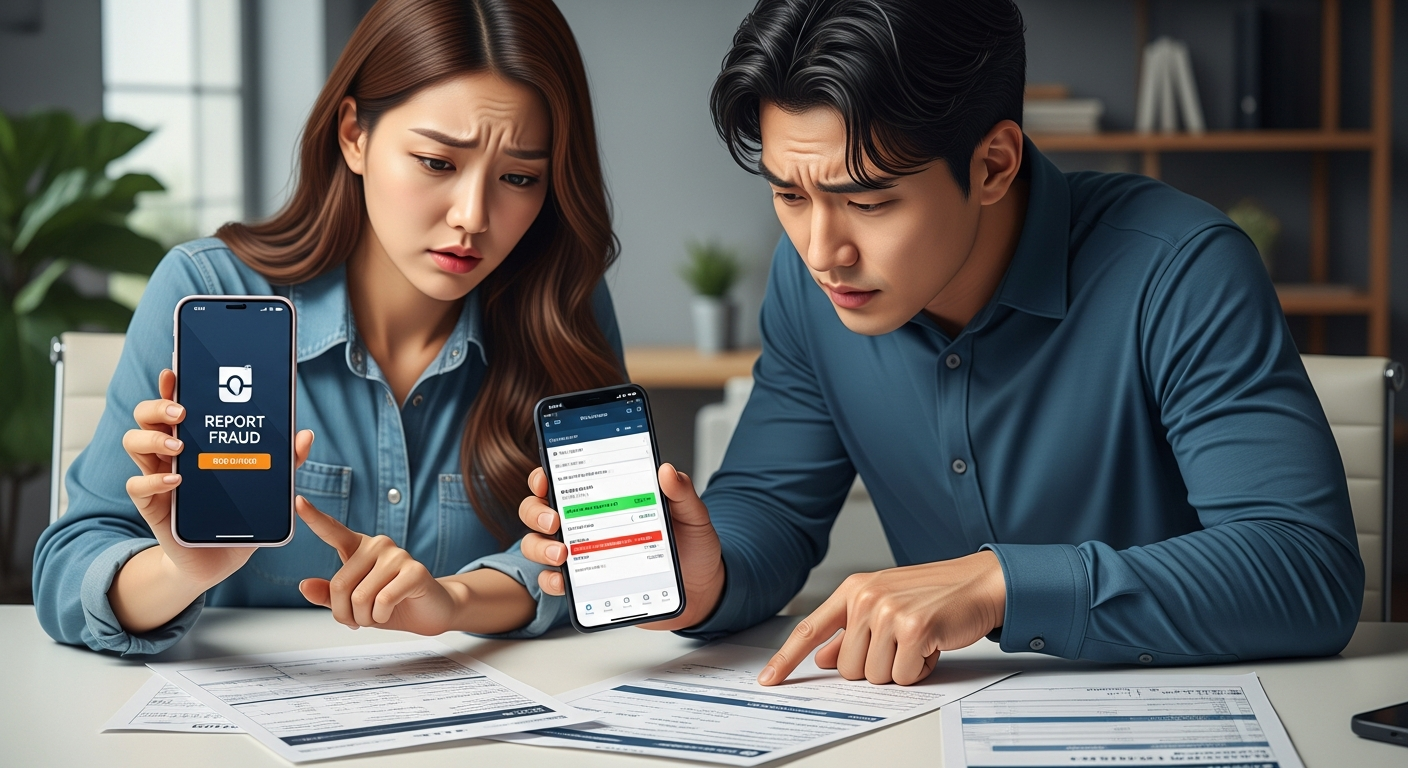 사기를 인지하고 즉시 신고하는 한국인 남녀가 금융 문서와 스마트폰을 확인하는 모습 촬영