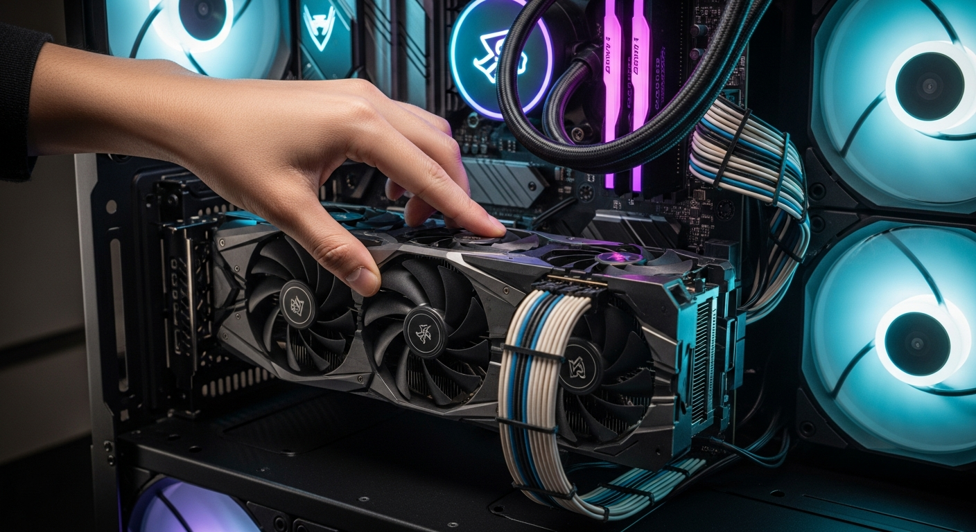고성능 그래픽카드를 최신 PC 케이스에 장착하는 한국인 손 자세한 부품을 보여줌