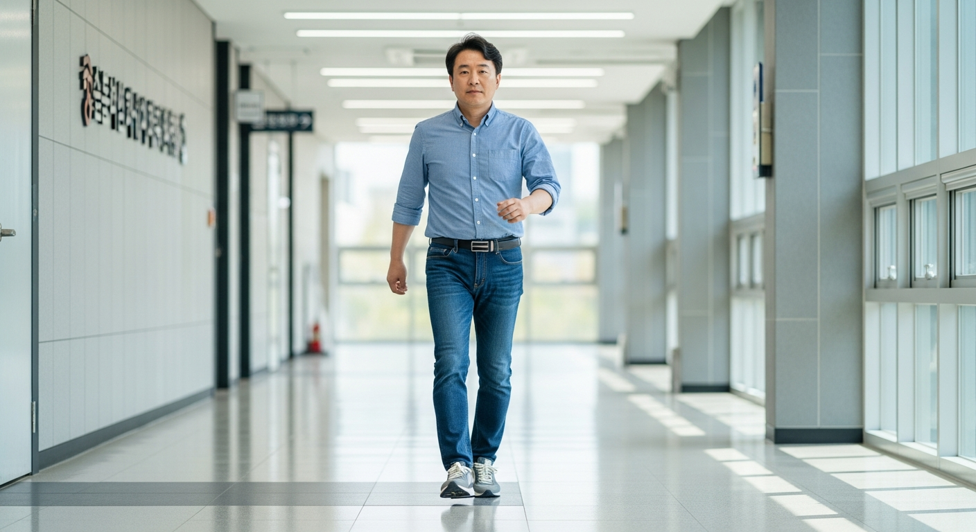 집 안 복도에서 걷기 속도를 측정하는 중년 한국인 여성의 모습