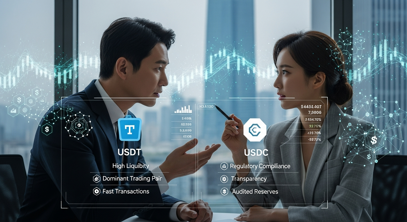 USDT와 USDC의 투자 차이점을 논의하는 한국인 남녀의 화상회의 모습과 디지털 인터페이스