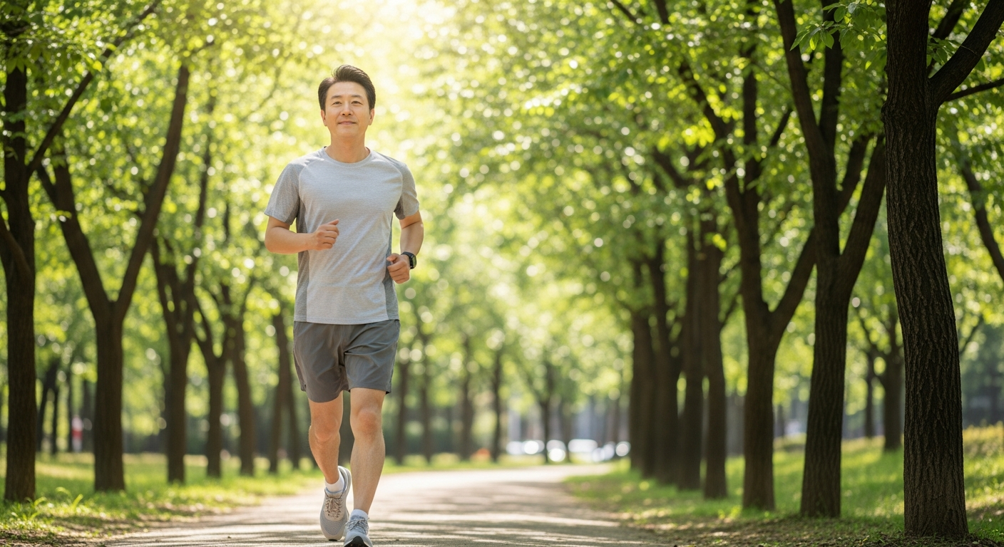 맑은 날 공원에서 편안한 존2 페이스로 조깅하는 한국 중년인의 모습