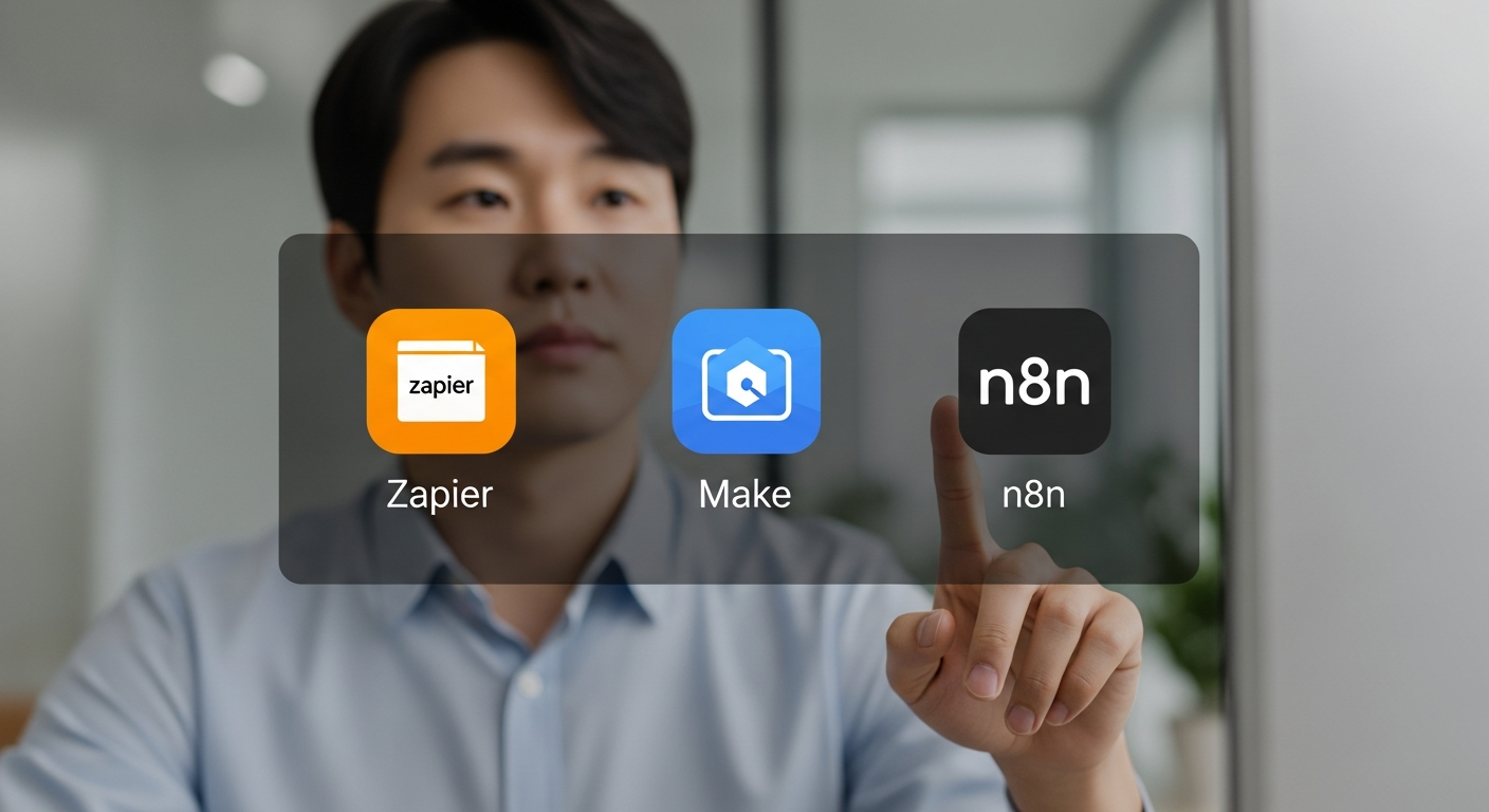 한국인 전문가가 Zapier, Make, n8n 소프트웨어 아이콘을 비교하며 선택하는 모습
