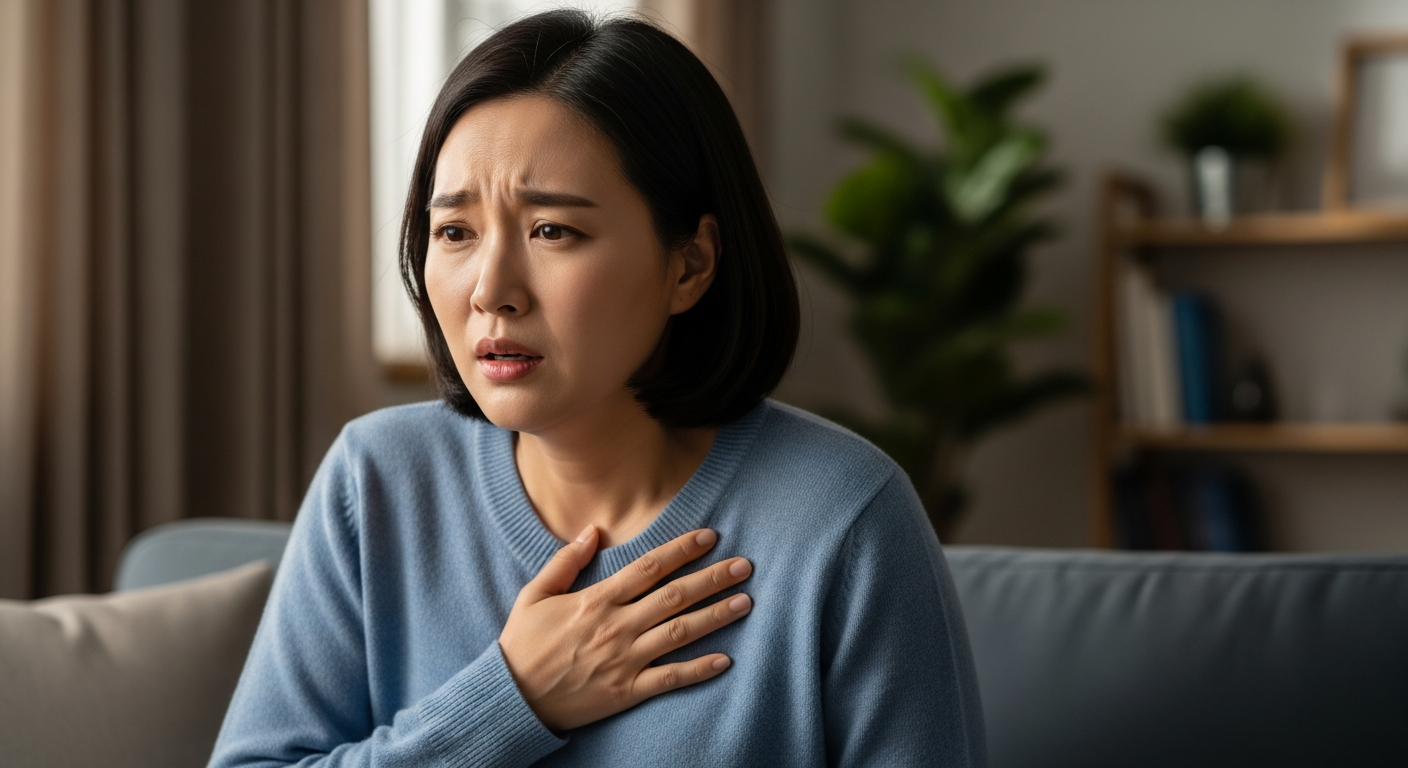 숨이 갑자기 잘 안 쉬어져 고통스러워하는 한국인 성인의 모습