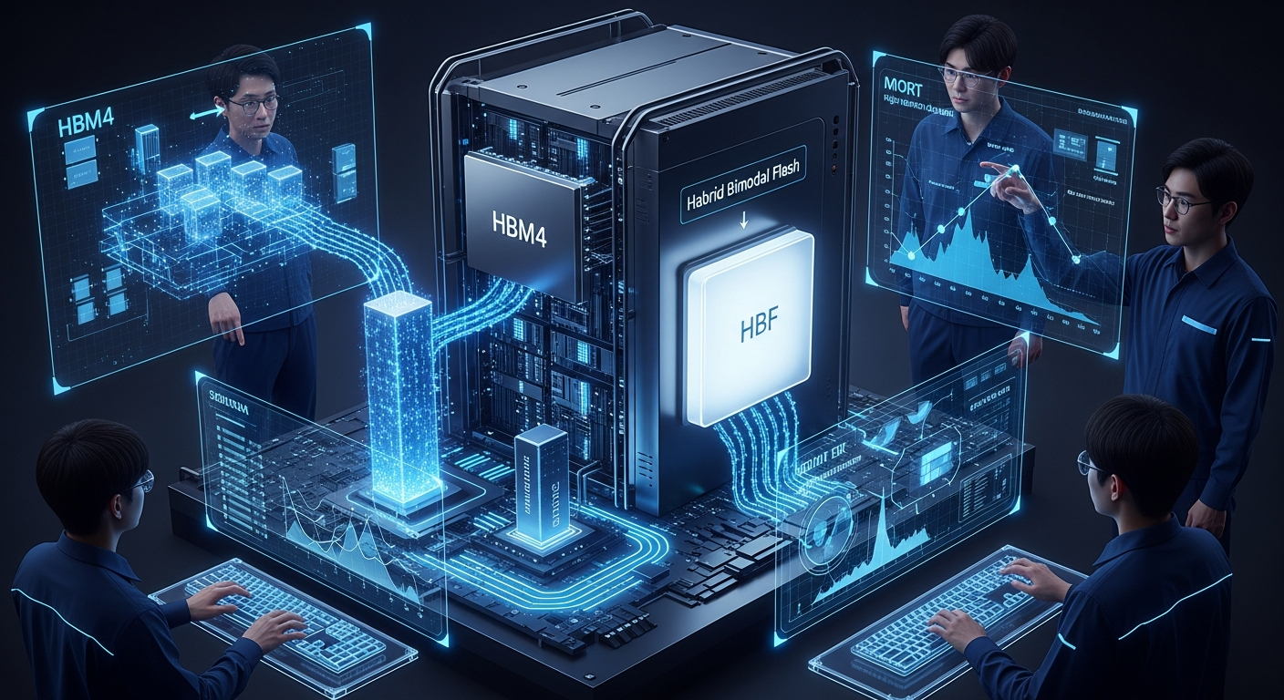 HBM4와 HBF가 결합된 하이브리드 AI 메모리 아키텍처 서버의 미래형 개념 이미지