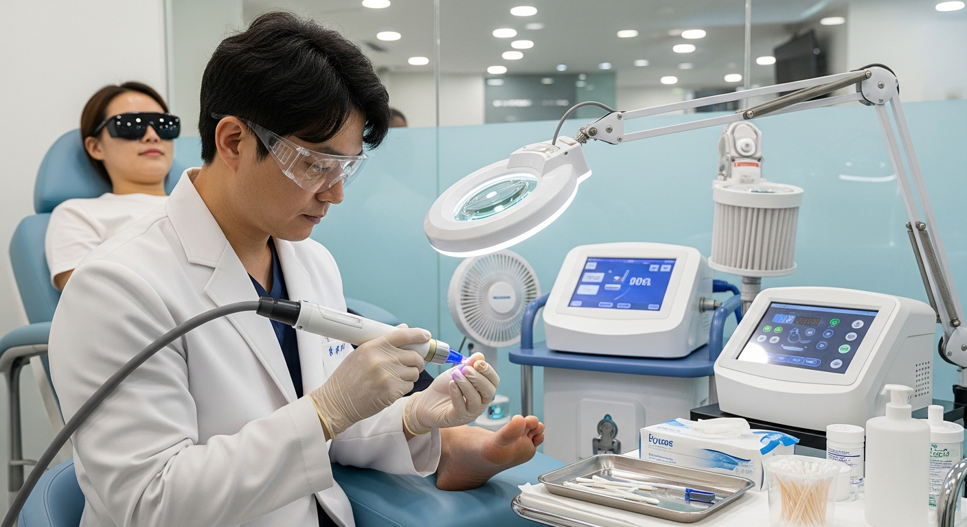 병원에서 레이저 치료를 받고 있는 한국인 환자