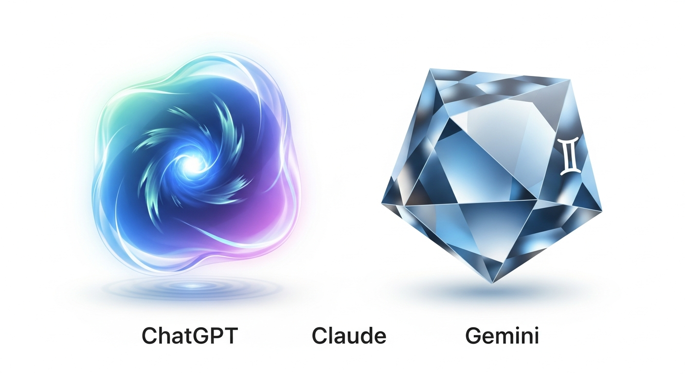 ChatGPT, Claude, Gemini 세 AI 툴 각각의 특징을 상징하는 이미지