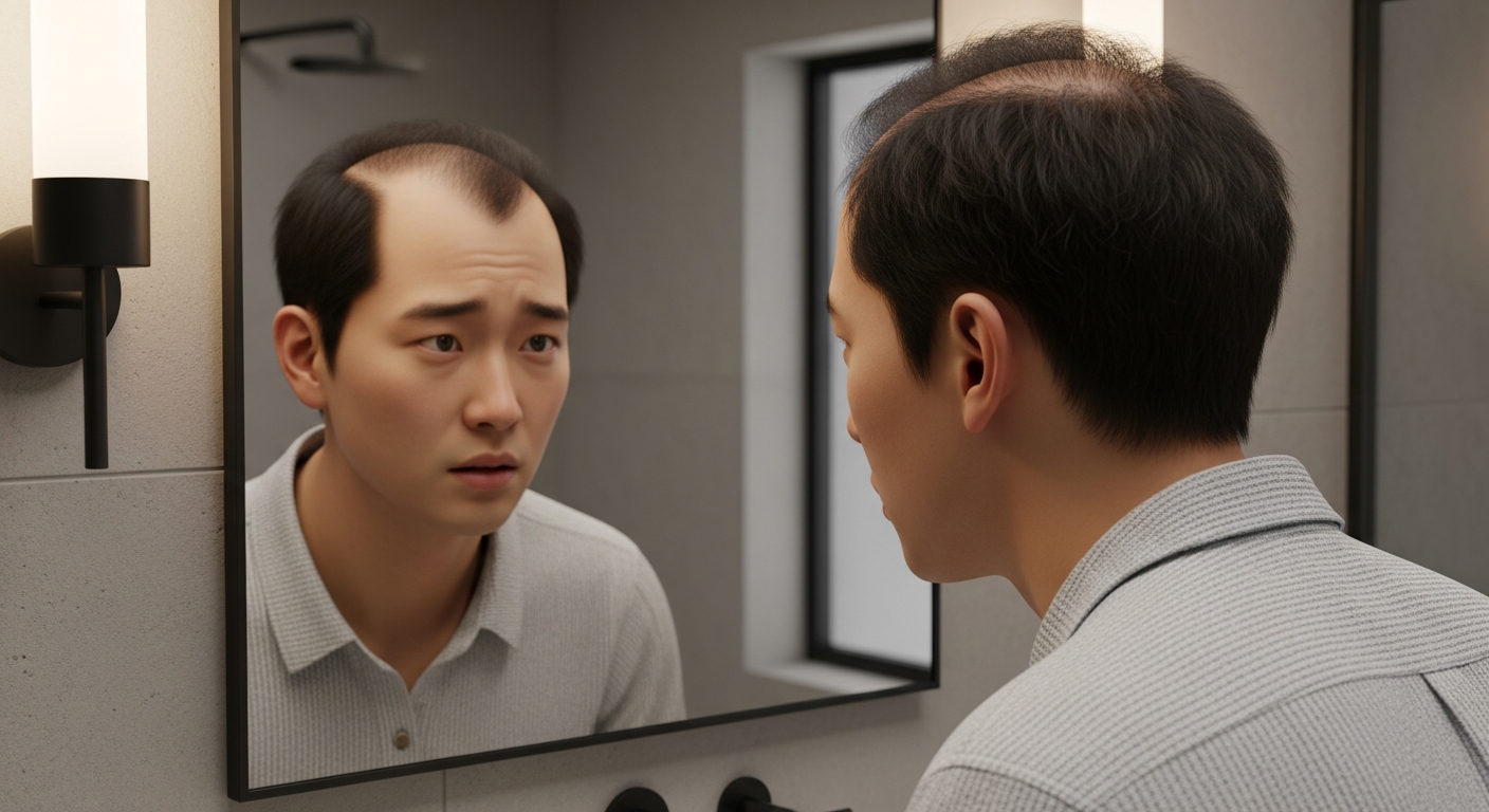거울 앞에서 본인 M자형 헤어라인 변화를 걱정하는 젊은 한국 남성의 모습
