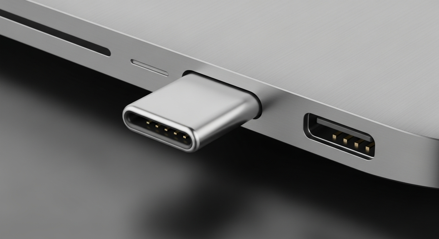 USB-C 커넥터가 노트북에 연결되어 있는 모습, 통일된 연결과 편리함을 상징