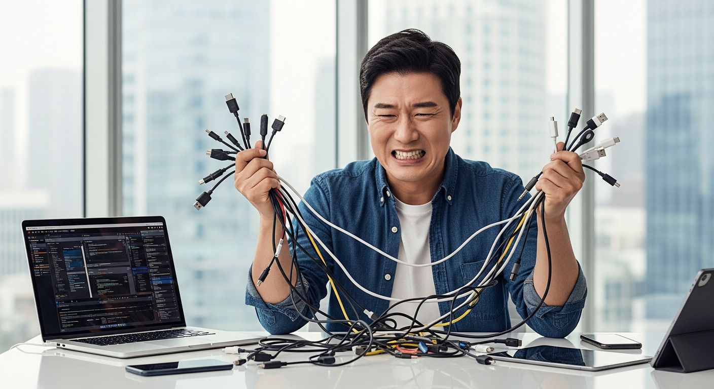 여러 개의 분리된 기기 케이블을 들고 있는 한국인 모습, AI 도구의 단편화를 상징