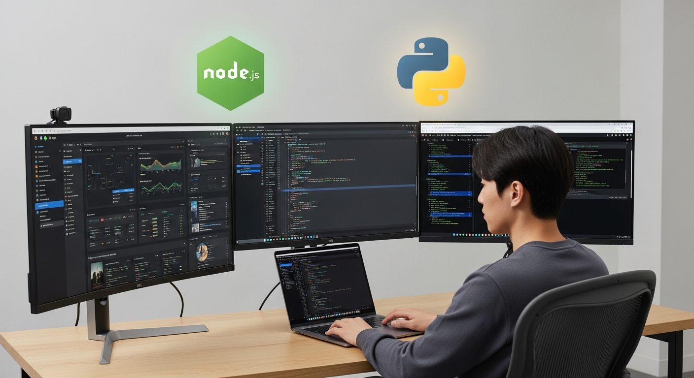 Node.js와 Python 로고가 떠 있는 클린 테크 작업 공간에서 노트북으로 작업하는 한국인 소프트웨어 엔지니어