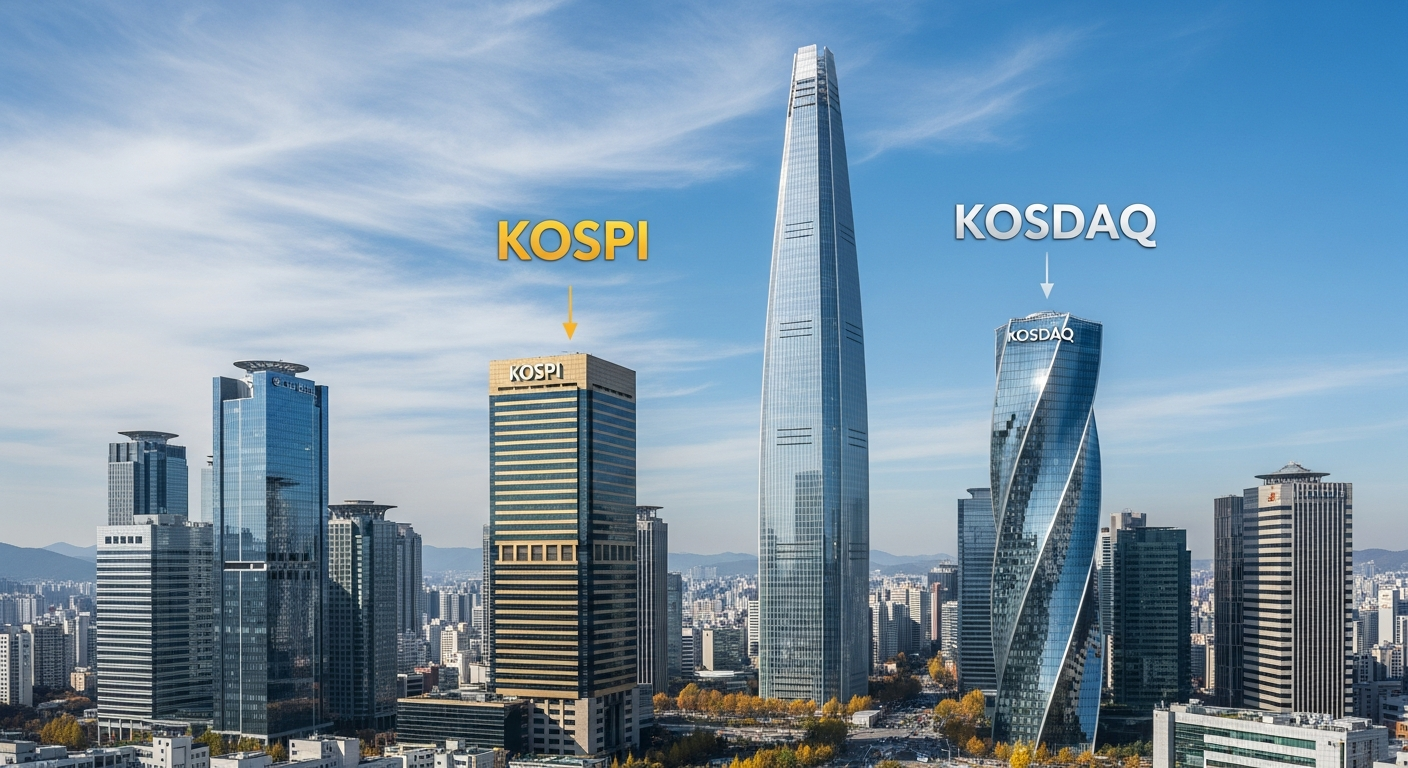 코스피와 코스닥 거래소를 배경으로 한 한국 금융 지구 모습