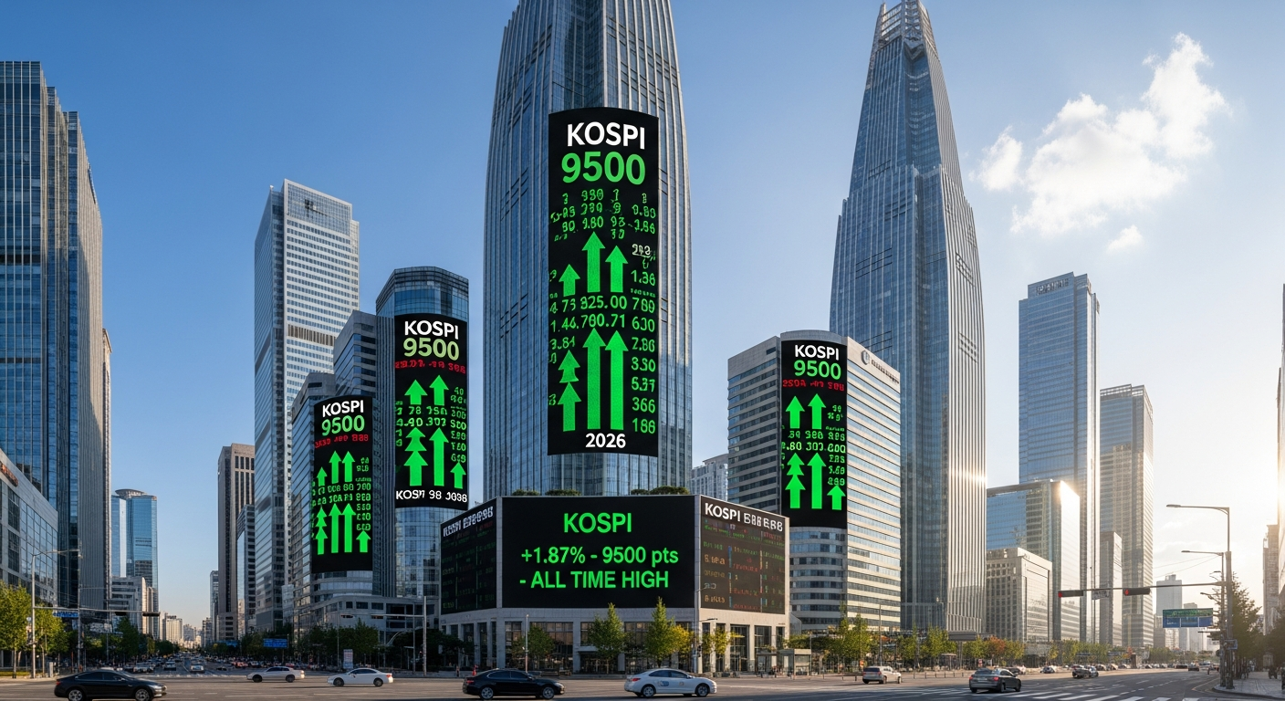 2026년 하반기 코스피 9500 전망을 상징하는 한국 금융가의 현대적인 스카이라인 이미지