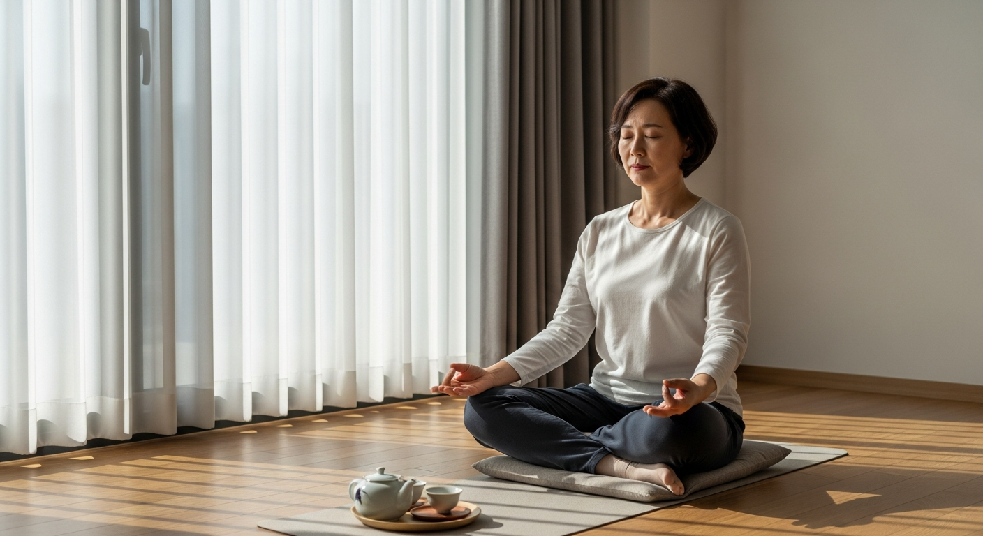 평화로운 실내 공간에서 명상을 하며 스트레스 관리를 하는 한국인 중년 여성
