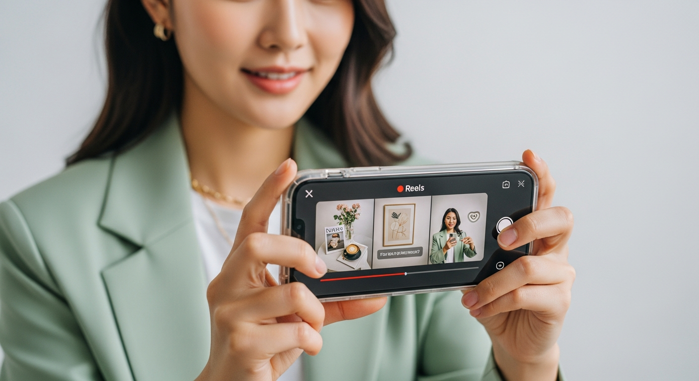 인스타그램 릴스용 숏폼 영상 콘텐츠를 제작하는 한국인 인플루언서의 근접 촬영 장면