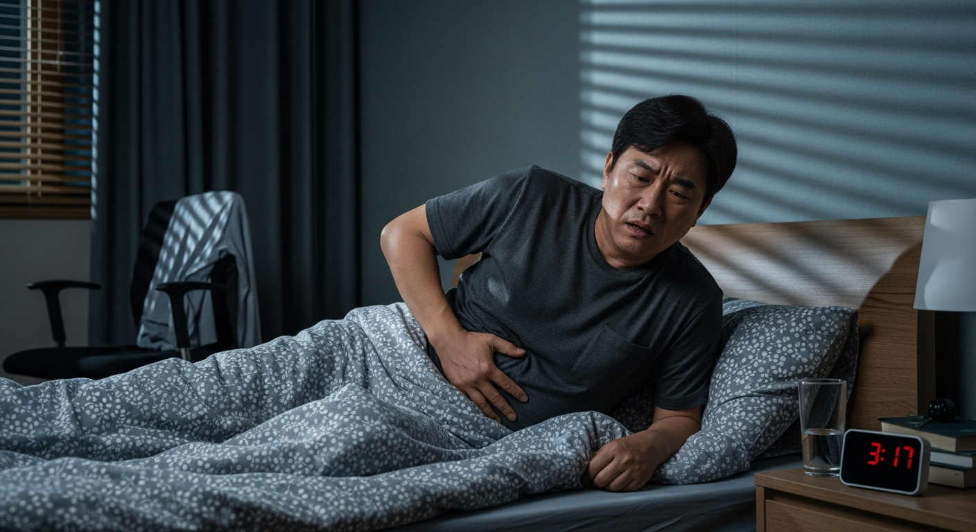 밤에 잠에서 깨서 하복부를 만지며 걱정하는 중년 한국 남성