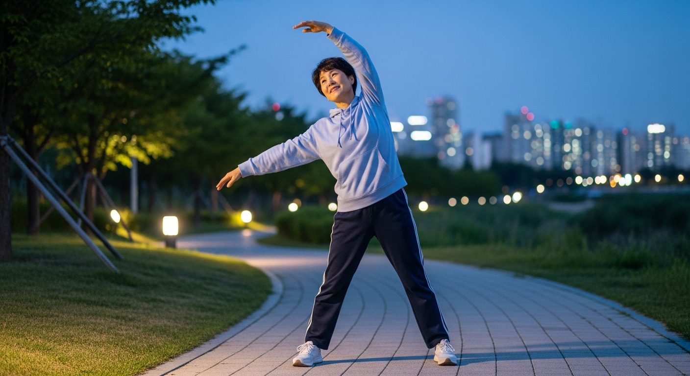 저녁 시간 가벼운 스트레칭이나 산책을 하는 한국인 성인