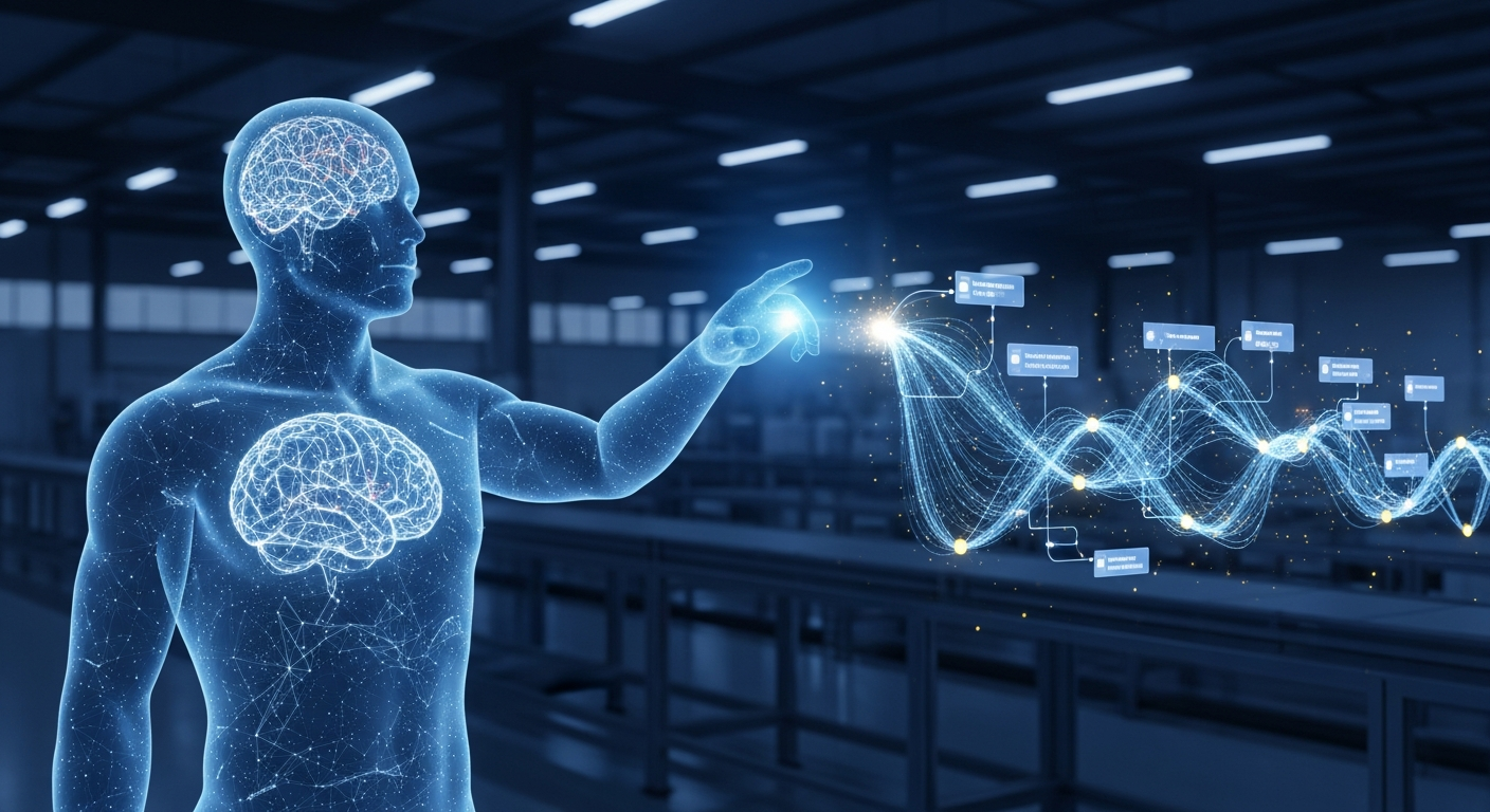 미래의 AI 기반 업무 자동화 컨셉을 상징하는 빛나는 디지털 인간과 AI 신경망 뇌 이미지