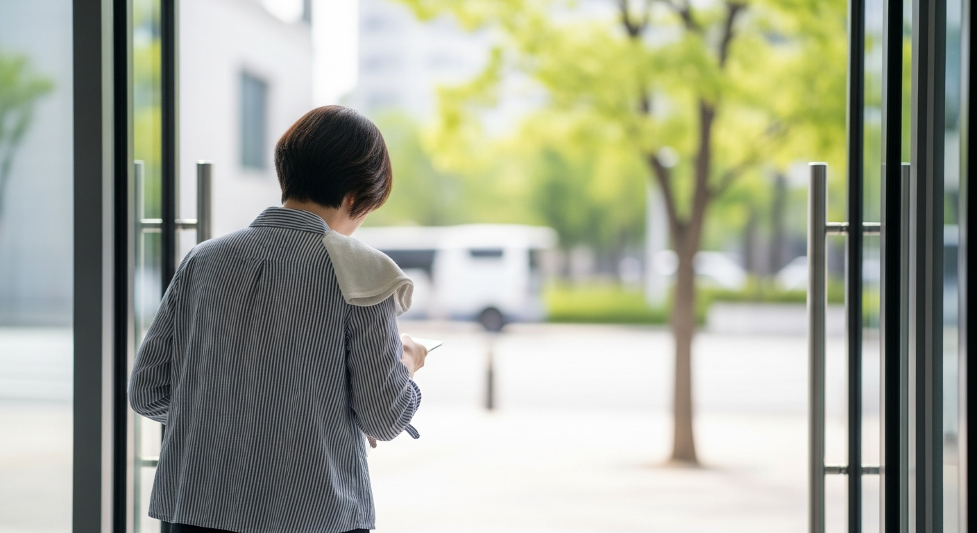 복잡한 실내를 벗어나 신선한 공기를 마시며 안도하는 한국인 성인