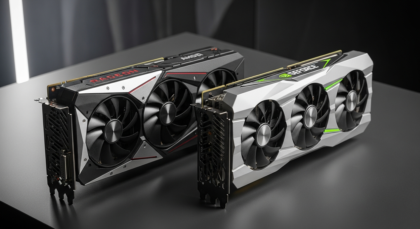 AMD 라데온과 NVIDIA 지포스의 고성능 그래픽카드 디자인을 비교하는 장면