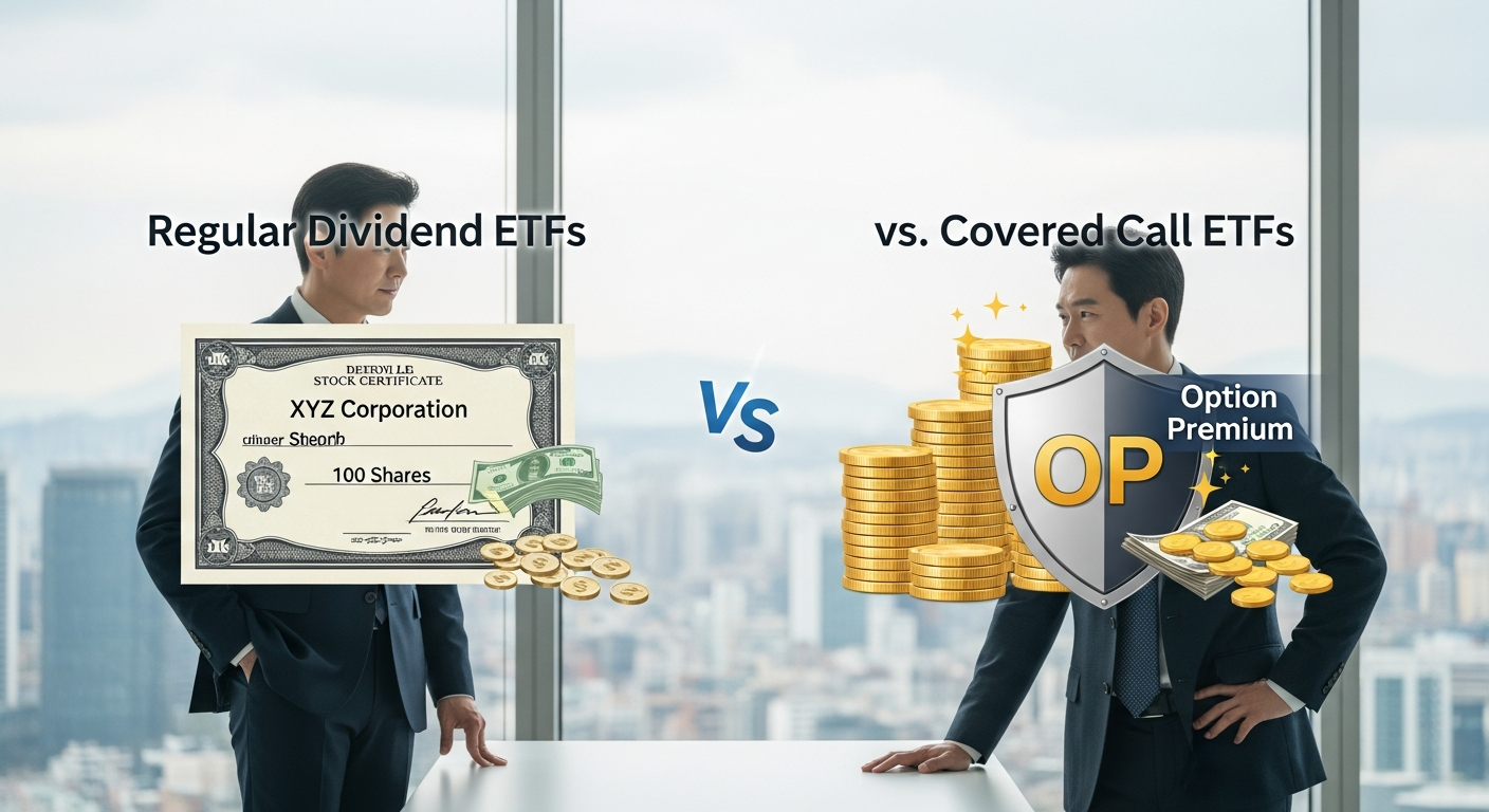 일반 배당 ETF와 커버드콜 ETF의 차이를 상징적으로 나타낸 아이콘 비교와 고민하는 한국인 비즈니스맨