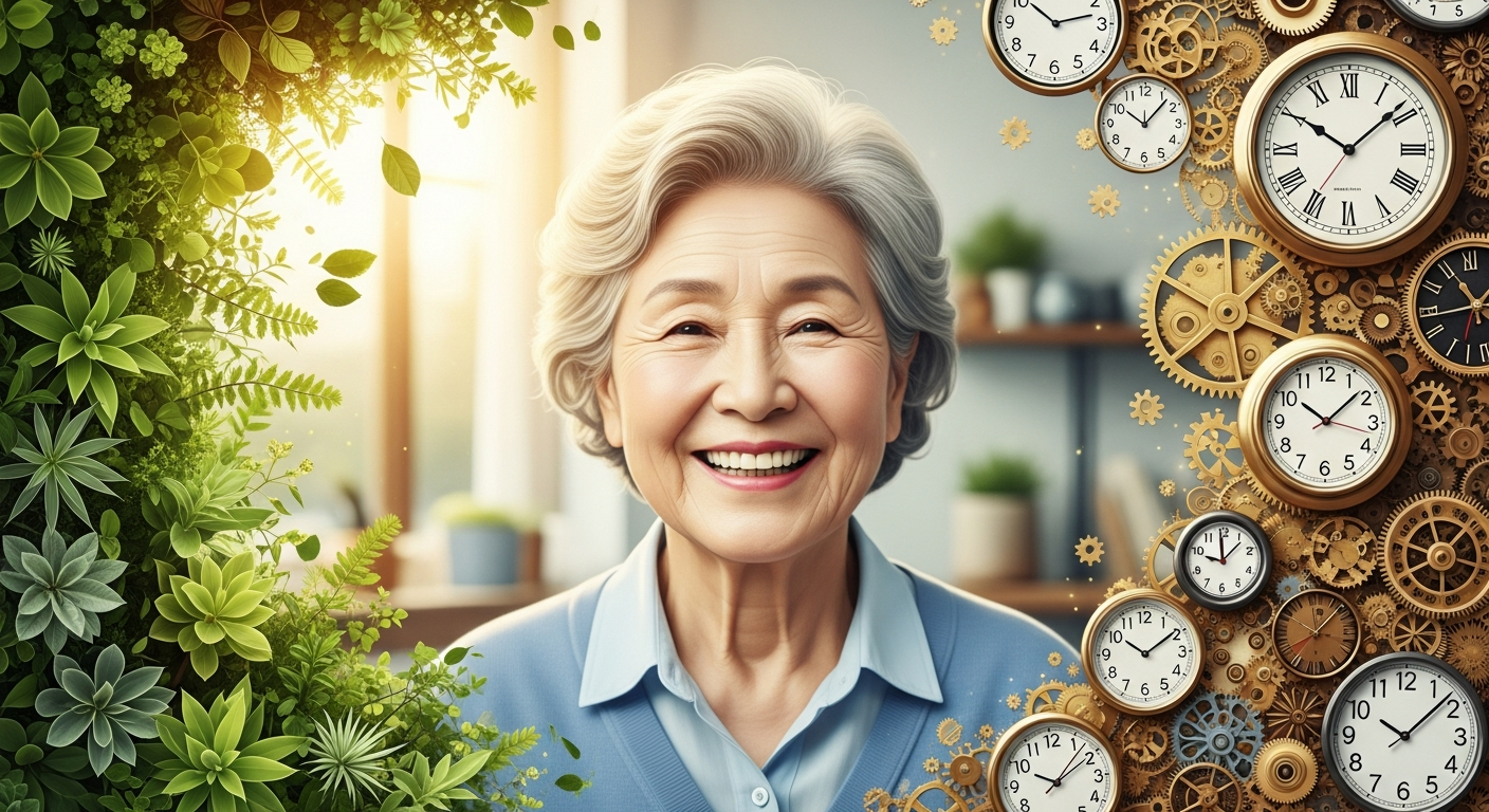 연기수령의 장기적인 재정 혜택을 상징하는 식물과 시계를 배경으로 자신감 있게 미소 짓는 한국 시니어의 실사 이미지