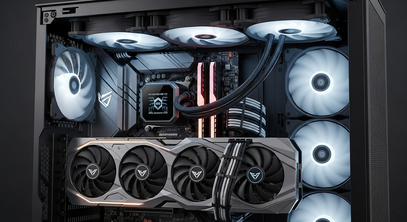 RGB 조명이 은은하게 비추는 현대적인 그래픽카드와 파워서플라이 호환성을 강조한 PC 내부 모습