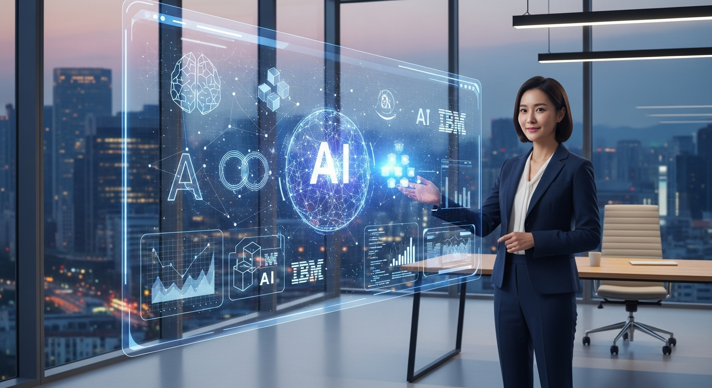 AI 경쟁과 기술을 소개하는 한국인 여성 비즈니스 전문가